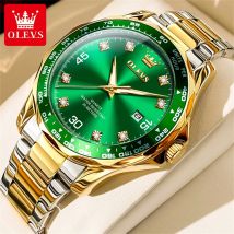 OLEVS Goldene grüne Quarzuhr für Herren, Luxusmarke, Tauchen, wasserdicht, Edelstahl, Kautschukarmband, Herrenuhren Original 9988