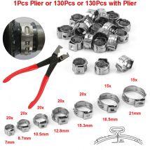 Fascette stringitubo a orecchio singolo da 130 pezzi con pinze o fascette stringitubo da 130 pezzi o 1 pinze da 7-21 mm Kit di attrezzi Fascette stringitubo in acciaio inossidabile 304