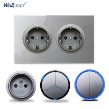 Wallpad Doppelte EU-Wandsteckdose, französische Steckdose mit rundem LED-Wandschalter, graue gehärtete Glasscheibe, 146 mm, L6
