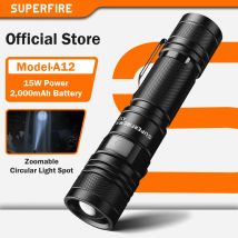 SUPERFIRE A12 Hochleistungs-LED-Taschenlampe, USB wiederaufladbar, zoombar, taktische Taschenlampe, 5 Modi, wasserdicht, für Outdoor-Angellaterne