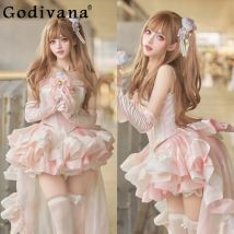 Damen-Lolita-Rosa-Kleid, süß, schmal, elegant, ärmellos, mit langem, trägerlosem Prinzessinnenkleid, Rock und Oberteil, zweiteiliges Set