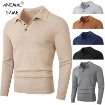Animal Game Mens Long Polo Shirts Knit Polo Sweater Casual Pullover Sweater Outdoor Solid Color Thermal Pullover Cold Blouse