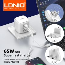 LDNIO Gan 65w Caricatore rapido Tipo C Us Uk Spina UE Caricatore ad alta velocità per Iphone 16 Xiaomi 14 Oneplus Carica portatile Ricarica rapida