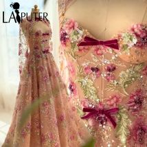 Luxuriöse Blumen-Abendkleider, A-Linie, lange Ärmel, Abendkleid, winzige Schleife, Knoten, Applikationen, Spitze, elegantes Promi-Abschlussballkleid für Damen