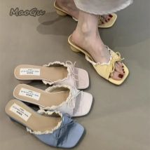 Damenschuhe, Schmetterlingsknoten, quadratische Zehen, Damen-Hausschuhe, elegant, dicker Absatz, Slides, Damen, prägnant, Strandkleid, Alias, Mode