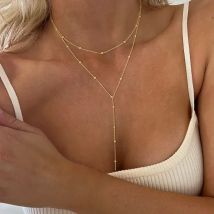 LATS Gold Farbe Doppel Layered Lange Quaste Kette Halsketten für Frauen Einfache Metall Geometrische Perle Choker Halskette Mode Schmuck