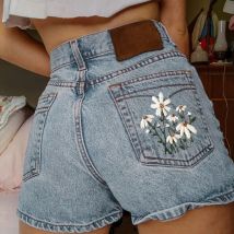 Kurze Hosen Frauen Jeans Shorts Denim Hose Hosen Stickerei Floral Hohe Taille Casual Regelmäßige Taschen Elegante Splice Herbst