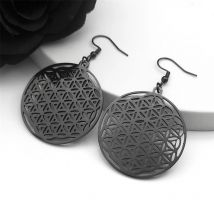 Blume des Lebens Edelstahl Mandala Metatron Creolen für Frauen Heilige Runde Lange Schwarze Baumeln Ohrringe Jewerly E450