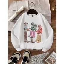 Vintage Stiefel druckt grafische Sweatshirts lässige Frauen Pullover Mode übergroße lange Ärmel Hoodie warme Fleece weibliche Kleidung