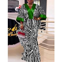 Plus Size 5XL VONDA Women Vintage Maxi Dresses Flare Sleeve Satin Sundress V-Neck Printing Patchwork Long Vestidos Party Robe