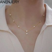 ANENJERY Intarsien Zirkon Vier-blatt Blume Kette Halskette für Frauen Neue Nische Licht Luxus Heiße Mode Collares Halsband Zubehör