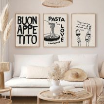 3-teiliges italienisches Küchenplakat-Set – „Wine Imparts Age to Appetite“, „Buon Appetito“, „Pasta is My Love“ – skurrile Food Wall A