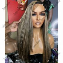 Remy Indian Hair Glueless U/V Part Wig Human Hair Highlight Honey Blonde Soft Long Staight Full Machine Made For Women180Density