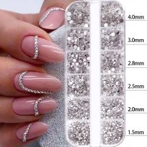 2400 pezzi + gemme di cristallo trasparente lucido strass per unghie 1.5-4mm pietra di vetro rotonda mista con retro piatto pendenti per unghie 12 griglie diamante per unghie fai da te