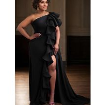 Elegantes One-Shoulder-Abend-Partykleid mit Rüschen und Schlitz am Saum, sexy schwarzes Chiffon-Vintage-Cocktail-Maxikleid für den Sommer 2025,