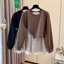 2024 herbst Winter frauen Patchwork Gestreiften Hoodies Lose Dame Oansatz Pullover Plus Größe Weibliche Tops Casual Kleidung KE3335