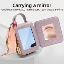 VIETAO Kompatibel für Galaxy Z Flip 7/6/5/4/3 Hülle mit Make-up-Spiegelband Handschlaufe Überzug PU-Leder Handyhülle für Frauen