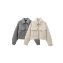 Cropped Jacket with Pockets for Women, Long Sleeve Coat, Front Zipper, Female Outerwear, Chic Tops, Fashion