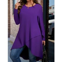 Elegantes Langarm-T-Shirt in Übergröße für Damen, einfarbig, Rundhalsausschnitt, asymmetrisches Oberteil mit tiefem Saum für Frühling/Herbst