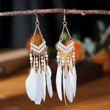 New Ethnic Feather Dangle Earrings For Women Bohemian Long Tassel Beads Drop Earring Girl Fashion Party Jewelry Accessories