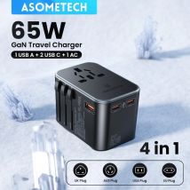 ASOMETECH 65 W GaN Internationaler Reiseadapter PD3.0 QC3.0 PPS 3 USB GaN Schnellladeadapter mit EU AU US UK Stecker für Reisen