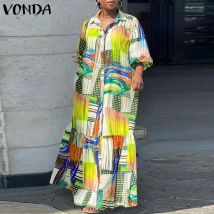 VONDA Plus Größe 5XL Böhmischen Gedruckt Kleid Herbst Frauen Elegante Langarm Vintage Maxi Sommerkleid Casual Taste Lose Party Robe