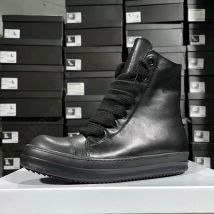 Marke R-o Schuh Voll Schwarz Leder Schuhe Männer Sneaker Frauen High Top Schuh Stiefel Turnschuhe Jumbo Schnürsenkel Casual Schuhe