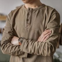 Vintage Solide T Shirts Männer Amerikanischen Henley Kragen Lange-ärmeln T-shirt Männlich Bodenbildung Shirt Große Größe Tasten Herbst Tops tees