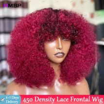 Leimlose Lace-Frontal-Perücken, Echthaar, bereit zum Mitnehmen, 99J-Farbe, verworrene Locken, 450 Dichte, 13 x 6/360 HD-Lace-Frontal-Perücke für Frauen, HMBP