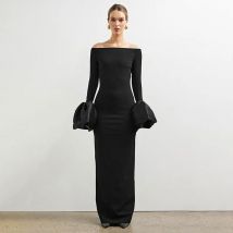 Women Maxi Dresses Spring New Fashion Streetwear Long Sleeve Slash Neck Split Black Sexy Dress Elegant Female Casual Slim Dress