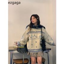 Ezgaga Sweater Women Flowers Autumn Winter Vintage Fashion Loose O Neck Pullover Fashion New Sweet Elegant Knit Jumper Ladies