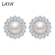 Laya 925 % 100 Sterling Silber weiße glänzende Brotperlenohrringe, High-End-Schmuck Retro-Mode Zirkon Damenohrringe 2024