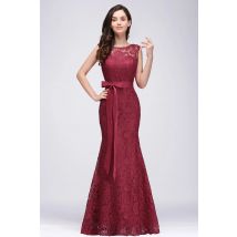 Burgundy Lace Mermaid Evening Dresses Elegant Appliques With Satin Bow Sashes Prom Gowns Formal Party Vestido De Gala For Bride