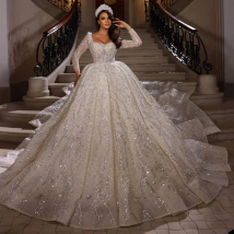 Customized Sequined Beading Ball Gown Luxury Wedding Dress Glitter Long Sleeve Robe De Mariee Backless Vestidos De Noiva