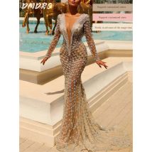 Abito da sera sexy con scollo a V profondo, elegante vestito da festa a maniche lunghe 2026, abito solenne con perline, Vestidos De Novia personalizzati
