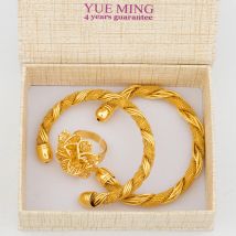Dubai Trend Jewelry Set for Women, Gold Color Cuff Bangle with Ring, New Design, Beads Bracelet, Wedding Accessories ﻿