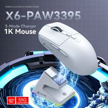 Mouse Bluetooth Attack Shark X6 PAW3395, connessione Tri-Mode, base di ricarica magnetica touch RGB, mouse da gioco macro