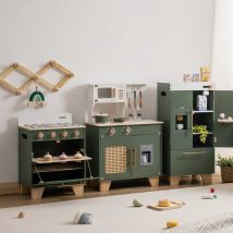 Robotime Robud Forno da cucina giocattolo in legno vintage Lavatrice Asciugatrice per bambini con set da cucina per frigorifero giocattolo realistico Verde vintage
