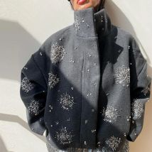 Abrigo elegante y lujoso con cuentas para mujer, prendas de vestir de lana holgadas con un solo pecho y cuello vuelto, chaquetas de manga larga para otoño 2024