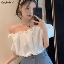 Camicette con scollo a barchetta Donna Manica a sbuffo Hotsweet Sottile Solido Semplice Design tutto-fiammifero Crop Top Estate Popolare Chic Stile coreano Sexy