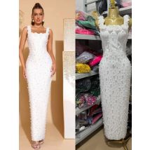 A New, Sexy White Dress With a One-Shoulder Collar, Flower And Pearl Decoration, Tight Bandage And Long Dress For Evening Wear
