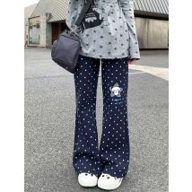 Korean Style Sweet Polka Dot Panda Print Pants Harajuku Chic Cotton Thin Flared Long Pants Women Japan Loose Fit Casual Clothing