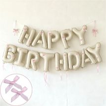 Cream Happy Birthday Balloons with Pink Bow 16Inch Beige Happy Birthday Letters Balloon Banner for Bow Coquette Birthday Decor