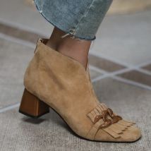 Nuove donne autunno/inverno stivali pecora suade punta quadrata tacco quadrato stivaletti con tacco medio cerniera con frange scarpe da donna da ufficio moda
