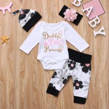 Frühling und Herbst Neugeborene Mädchen Baby Set Blume Brief gedruckt Overall Stirnband dreiteiligen