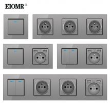 EIOMR francuski Standard przełącznik do montażu ściennego gniazdo zasilania szary Panel ze szkła kryształowego z USB 16A 220V gniazda uziemienia dziecko drzwi ochronne