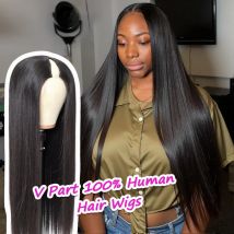 V Part Wigs Human Hair 100% Straight Human Hair Wigs No Leave Out No Sew-In Glueless 220 Density Natural Black Beginner Friendly