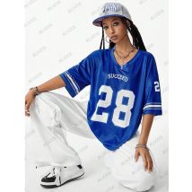 2025 Sommer neue blaue Erfolgs druck T-Shirt für Frauen V-Ausschnitt Kurzarm Sport Fußball Trikot y2k lässig lose übergroße Tops
