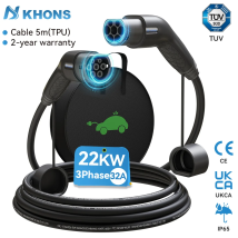 Khons Cavo di ricarica EV Cavo caricabatterie da Type2 a Type2 22kw 32A Caricatore EV Spina femmina a spina maschio Cavo di ricarica EVSE 5M TPU