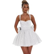 Glitzernde kurze Heimkehrkleider für Teenager mit Schleifen, bauschiges, plissiertes Abschlussball-Cocktailpartykleid mit Pailletten, Schulkleid